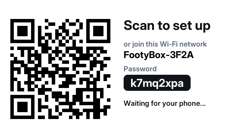 The setup screen showing a QR code, the network name FootyBox-3F2A and the password k7mq2xpa